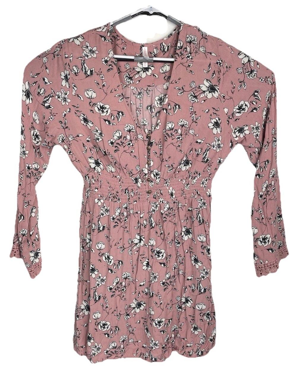 Xhilaration Boho Long Sleeve Tunic Dress Pink Floral Size XXL